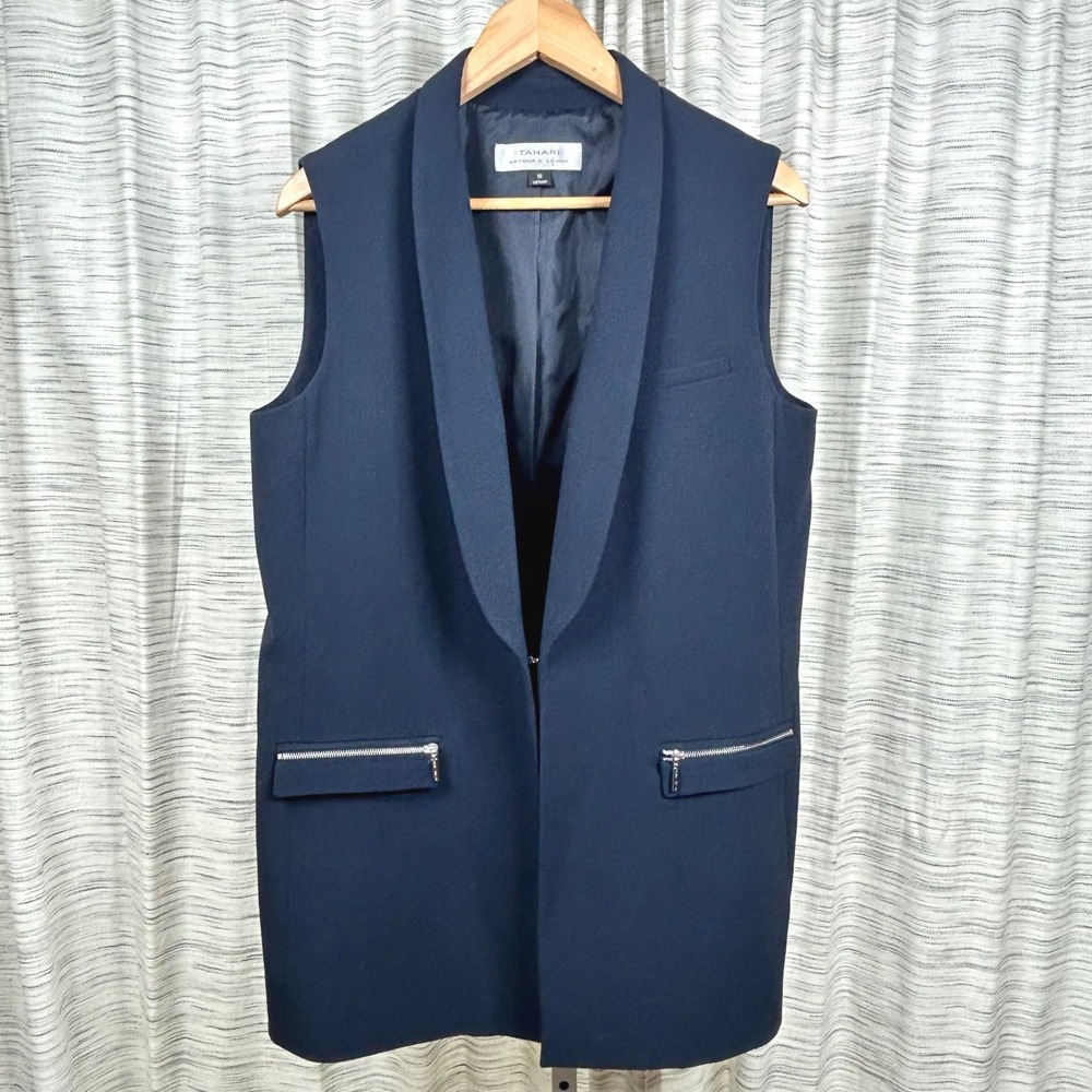 Tahari Longline Vest Navy Blue Womens Size 12 Shawl Collar Zipper Pockets EUC